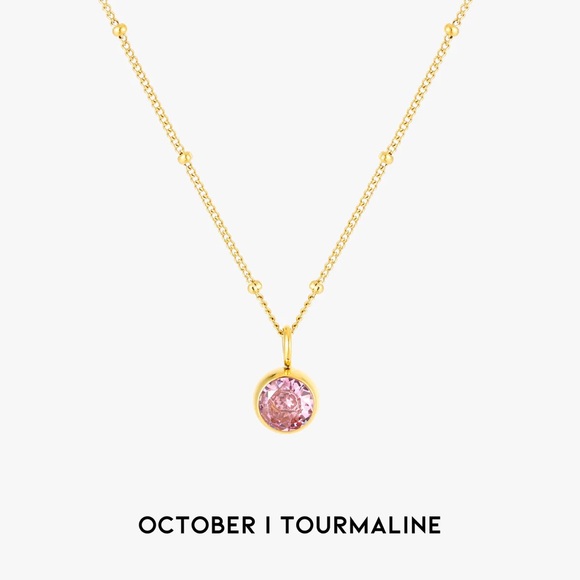 Gold Necklace with Pink Gemstone Pendant, October birthstone - Picture 3 of 8
